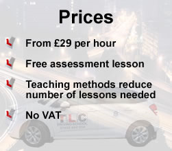 Driving lesson prices start from £29 per hour; there is a free assessment lesson; teaching methods reduce the number of lessons needed; there is a free lesson if you introduce a friend; no VAT 
