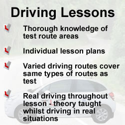 Reasons why my driving lessons result in a high pass rate include knowledge of Bury St Edmunds test route areas, individual lesson plans, varied driving routes covering the same types of routes as the test and real driving throughout lessons with theory being taught whilst driving in real situations